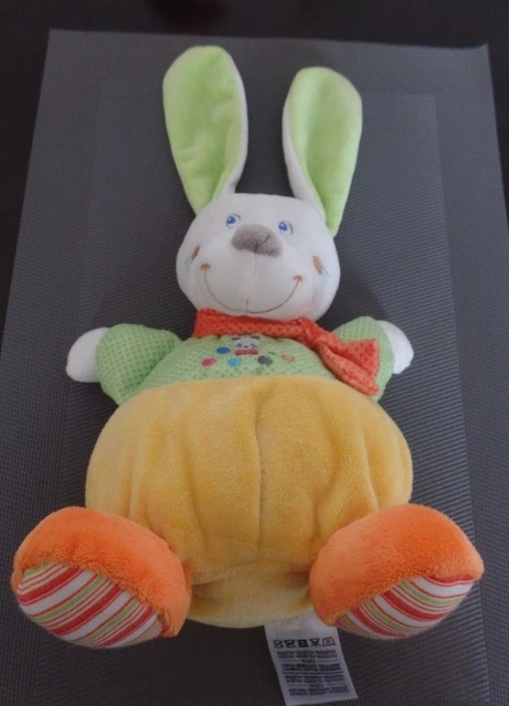 S4 / peluche doudou lapin boule jaune vert MOTS D'ENFANTS