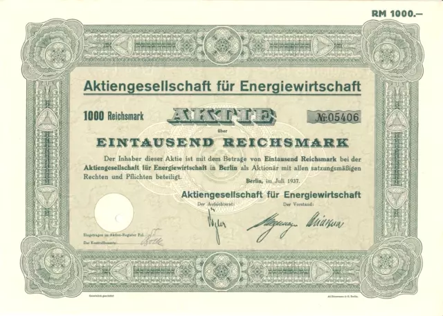 Aktiengesellschaft für Energiewirtschaft - Aktie über 1000 RM - Berlin 1937