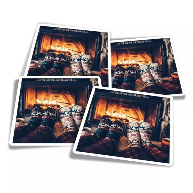 4x Square Stickers 10 cm - Cozy Winter Fireplace Socks  #3974