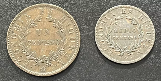 Chile 1853 Half and One Centavo Coins: Lot of 2