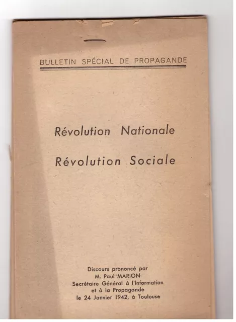 Bulletin spécial de propagande Discours Paul MARION 24 janvier 1942 Toulouse