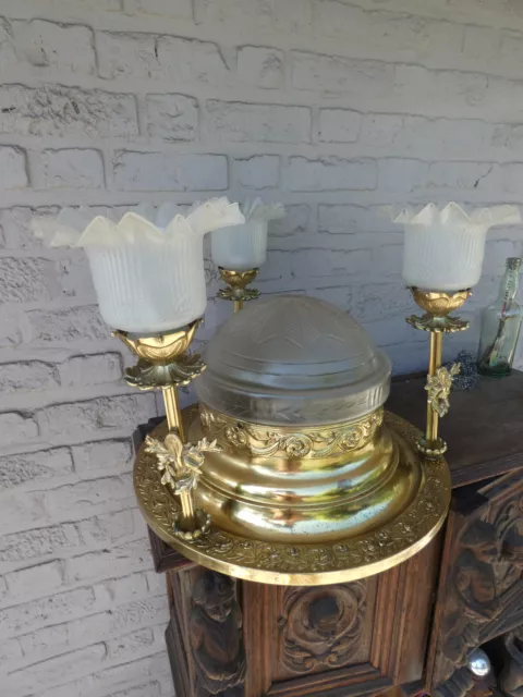 Vintage french brass Glass pendant lamp chandelier Louis XVI style