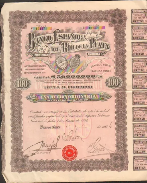 Argentina Banco Espanol del Rio de la Plata Accion Ordinaria de 100 Pesos 1924