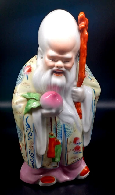 VINTAGE CHINESE FAMILLE PORCELAIN STATUE GOD OF LONGEVITY SHOU LAO Xing  8.5"