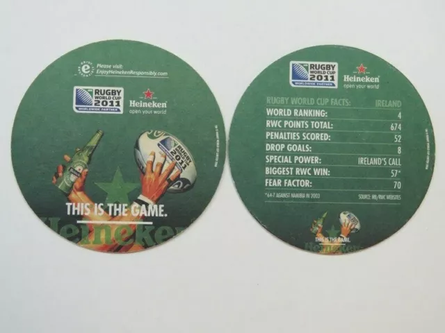 Beer Coaster ~ HEINEKEN Brewery ~*~ 2011 Rugby World Cup Facts: IRELAND Ranking