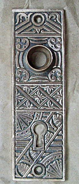 Antique Door Lock Back Plate Victorian Eastlake Original Solid Brass ORNATE