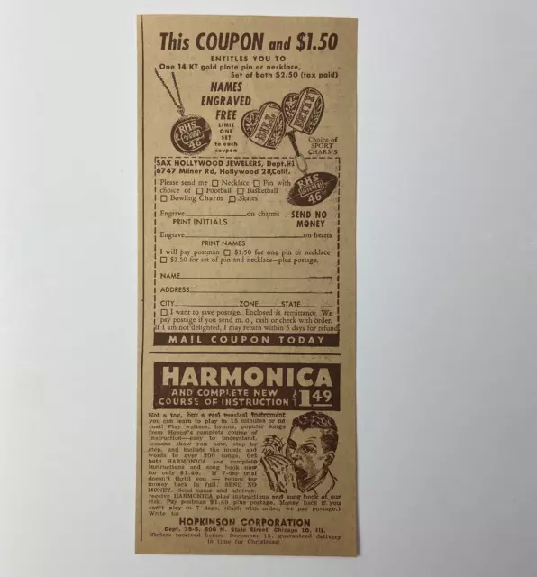 Print Ad Vintage Harmonica Engraved Necklace Sax Hollywood Jeweler Coupon 1940s