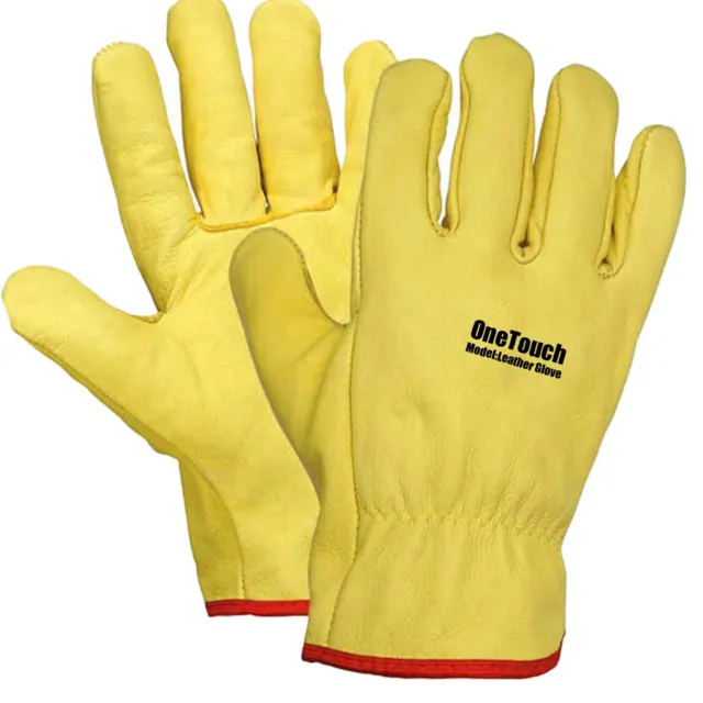 Premium Leather Yellow Driver Glove Fleece Lined Lorry Driving Work Truck Gloves