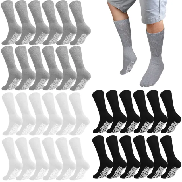 12 Pairs Anti Slip Rubber Grip Non Skid Crew Cotton Diabetic Socks Home Hospital