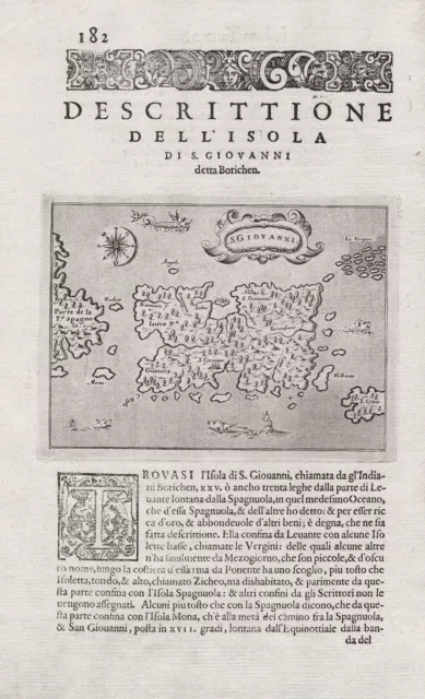 Puerto Rico island Caribbean America map Karte Porcacchi engraving 1590