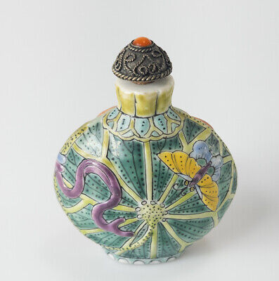 Antique Chinese Lotus Form Famille Rose Porcelain Snuff Bottle Butterflies