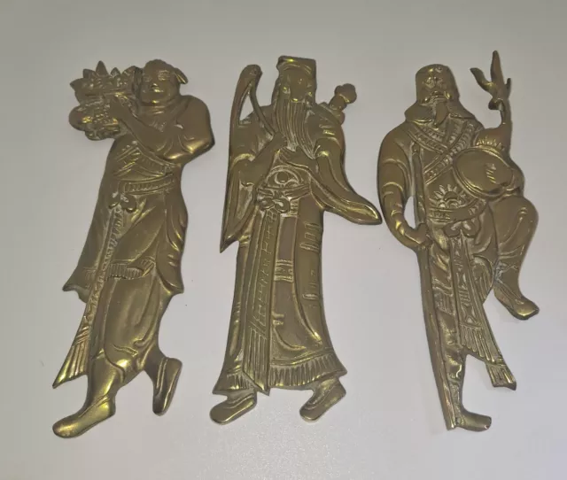 Chinese Brass Longevity Immortals 7.5” Wall Hanging Set Of 3