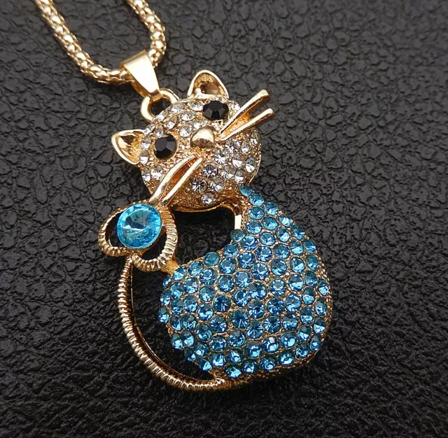 Betsey Johnson Blue Crystal Rhinestone Cute Cat Pendant Sweater Necklace