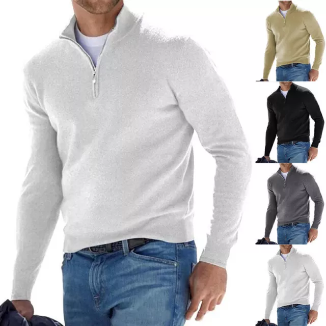 Uomo Maglione Zip Pullover Manica Lunga Quarter Zip collo Maglione Felpa Top ^