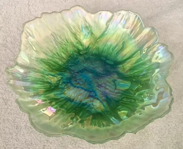 Stunning Iridescent Art Glass Bowl, Blue, Green, Pearl White 9”