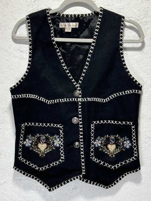 VTG Karavan Hand Embroidered Wool Vest Waistcoat SZ Large Black Folk Art Western