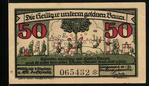 Notgeld Königsaue 1921, 50 Pfennig, Die 3 Gemeinde-Krankheiten Wassernot, Geldn