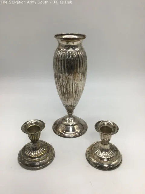 Vintage Silver Plate Vase with 2 Weighted Candle Holders