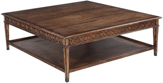 Cocktail Table Anna Square Solid Wood Rustic Pecan X-Shape Motif Brass Caps