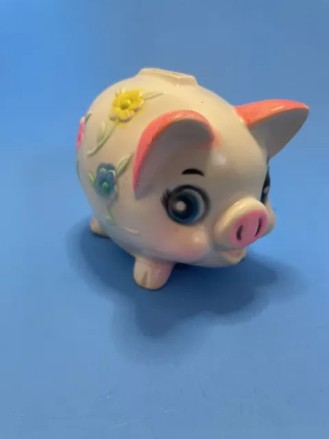 Vintage 70's Sanitoy Molded Happy Girl Piggy Bank Raised Bright Flowers