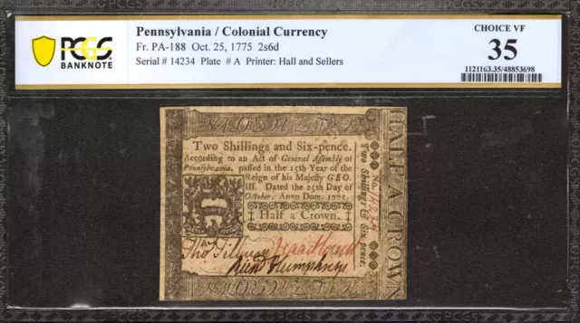 1775 2S6D Pennsylvania Colonial Currency Pa-188 Shillings Pence Pcgs 35 Vf (234)