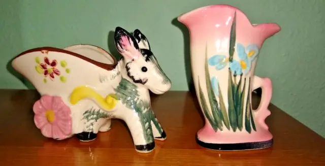Lot of 2 Vtg small donkey and cart; mini vase porcelain