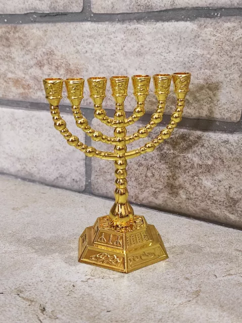 Menorah Hanukkah 7 Israel Brass Judaica Jewish Branch Candle Gold Plated Temple