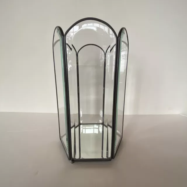 Vintage Leaded Beveled  Glass Hexagon Pillar Candle Holder Mirror Base Cathedral