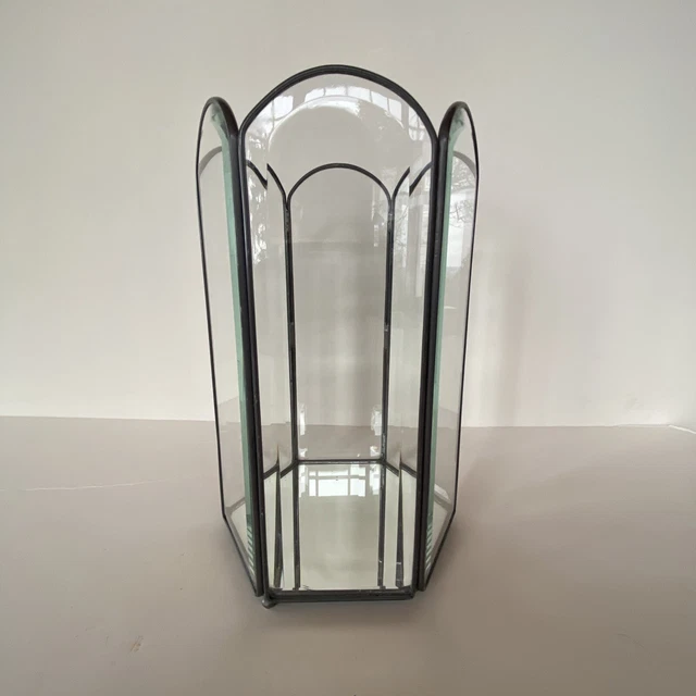 Vintage Leaded Beveled  Glass Hexagon Pillar Candle Holder Mirror Base Cathedral