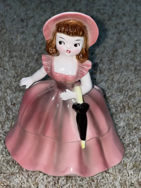 Vtg Napco Planter Girl Black Umbrella Brunette Pink Dress Ceramic Figurine