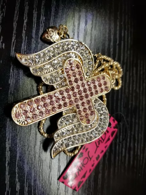 Betsey Johnson Pink Crystal Rhinestone Inlay Angel Wing Cross Pendant Necklace