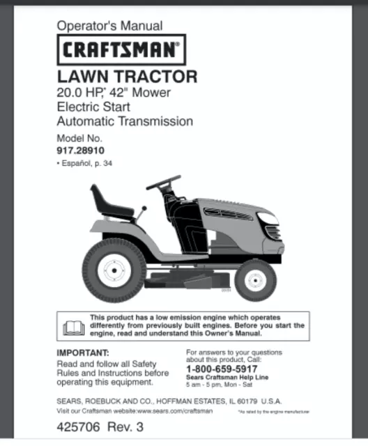 Sears Craftsman LT2000 Hydro 20 HP 42 Tractor Owners Manual 917.28910 68 pages