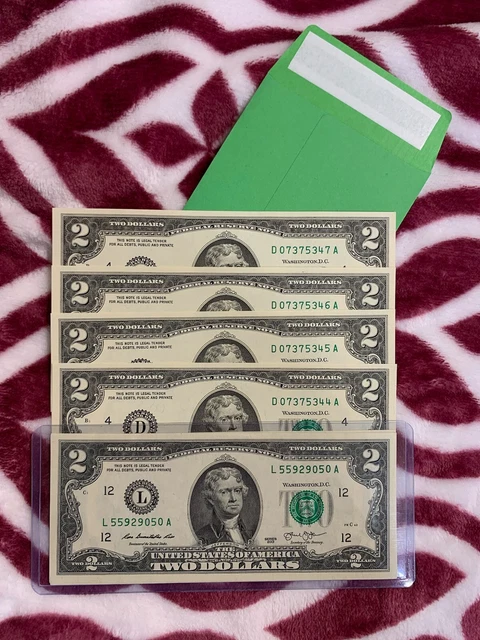 **Lot of 5 CRISP Uncirculated/Sequential $2 Two Dollar Bills** Series 2017 A.