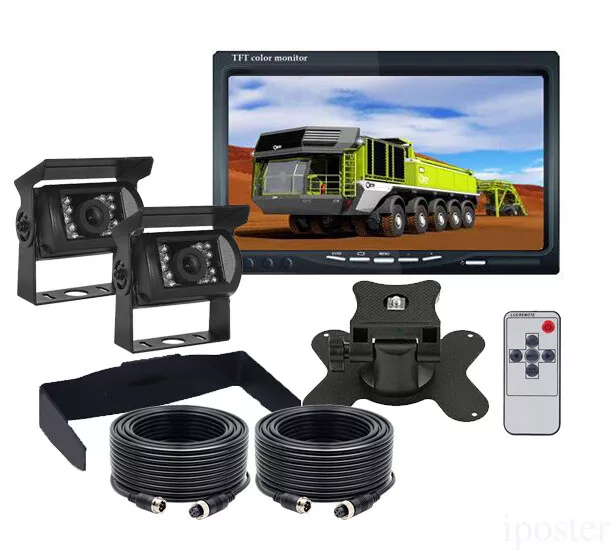 7" Monitor +HD 2x 4PIN CCD Color Rear View Camera Night Vision Waterproof Truck