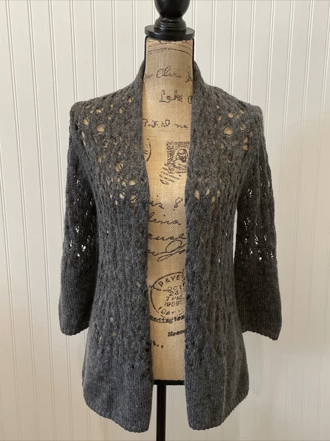 Eileen Fisher PM Gray Open Front Italian Yarn Knit Mohair Wool Cardigan Sweater