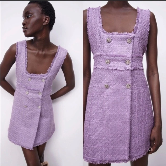 ZARA BOUCLE TWEED Mini Dress Lilac Rhinestone Buttons M NWT