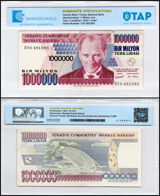 Turkey 1 Million Lira, L.1970 (2002 ND), P-213, Used, Authenticated