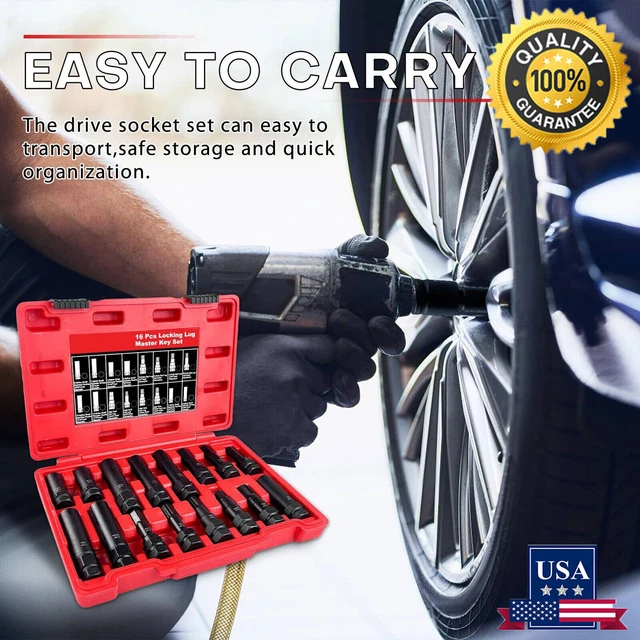 16 PCS Lug-Nut Nut Master Key Set Wheel-Lock Removal Tool Kit SAE & Metric New