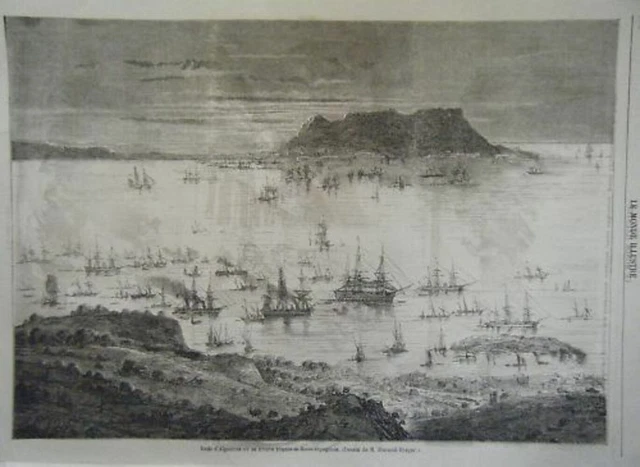 GRAVURE SUR BOIS 19ème RADE ALGESIRAS ESPAGNE