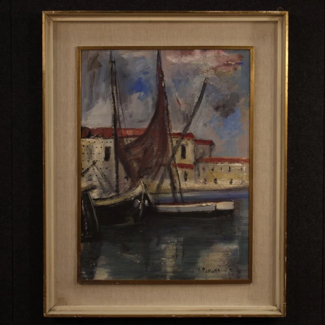 Tableau huile carton peinture signée paysage marine style ancien 20ème siècle