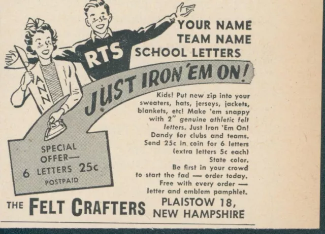 1949 Felt Crafters Iron On School Letters Team Name Vintage Print Ad OR3