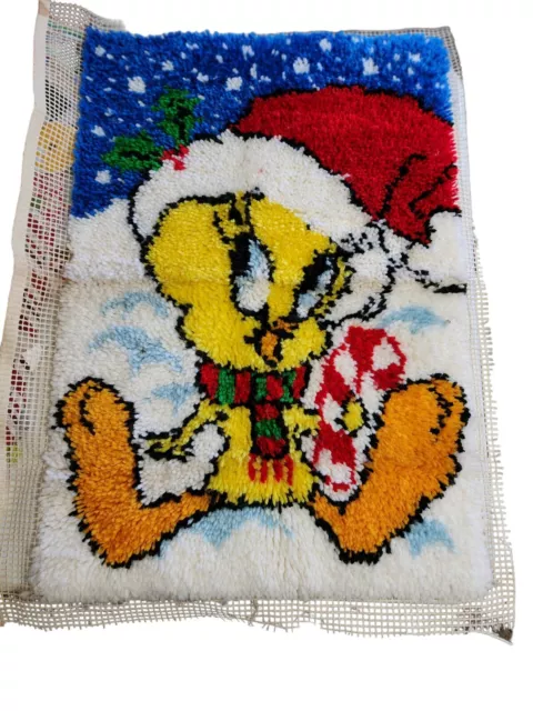 Completed Tweety Bird Christmas Latch Hook Rug or wall hanging  20” x 30”