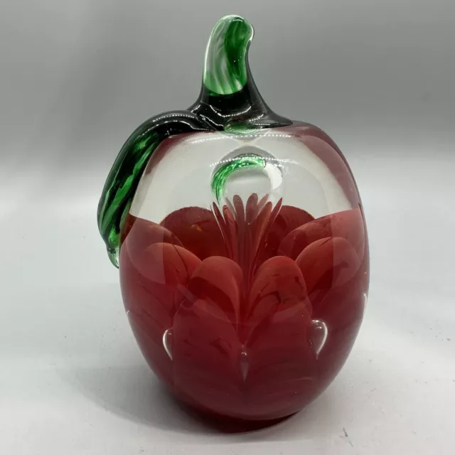 Joe Rice Paperweight Hand Blown Round Red & Green Apple Art Glass Signed