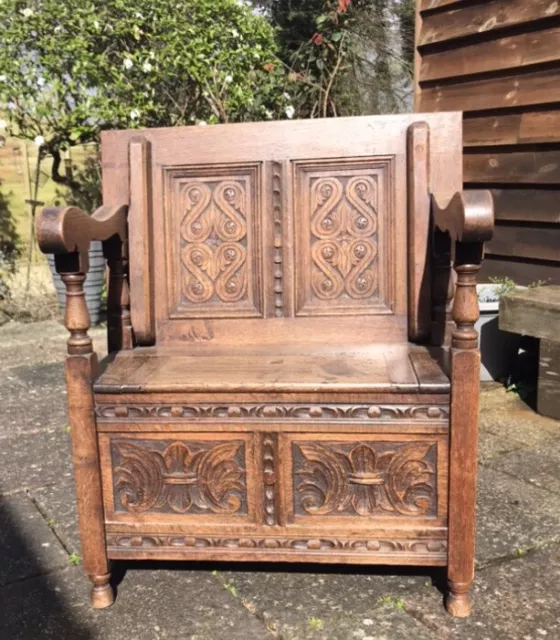 Original Ornate Carved Hardwood Monks Bench / Storage Seat