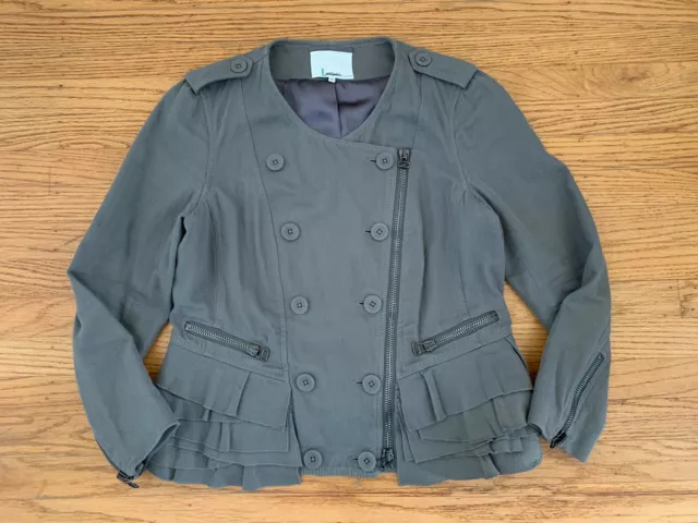 3.1 PHILLIP LIM Womens sz 10 Greenish gray Double breasted Ruffle moto Jacket