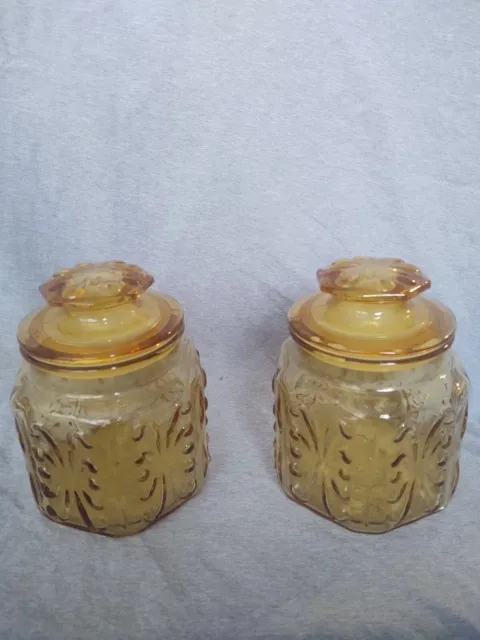 Vintage Amber Glass Atterbury Scroll L.E. Smith Imperial Canisters set of two.