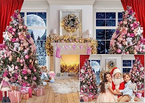 8x6ft Pink Christmas Photography Backdrop Christmas Fireplace Backdrop Pink X...