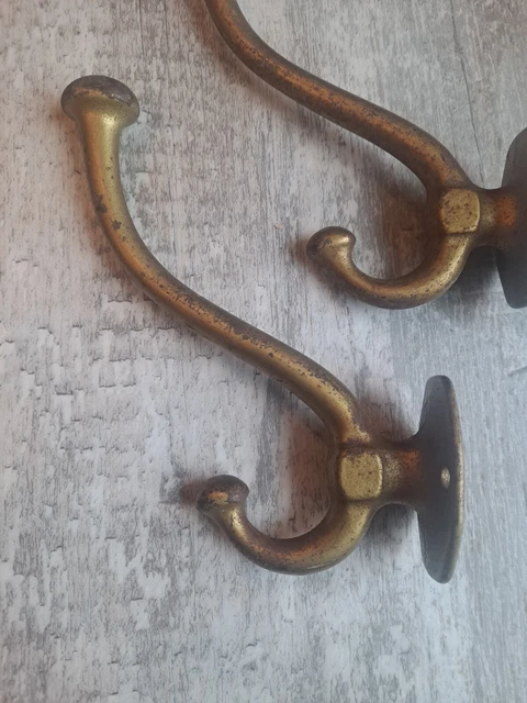 2 Vintage Antique Double Coat Hat Hooks Gold Tone Iron 5.5" Heavy 3