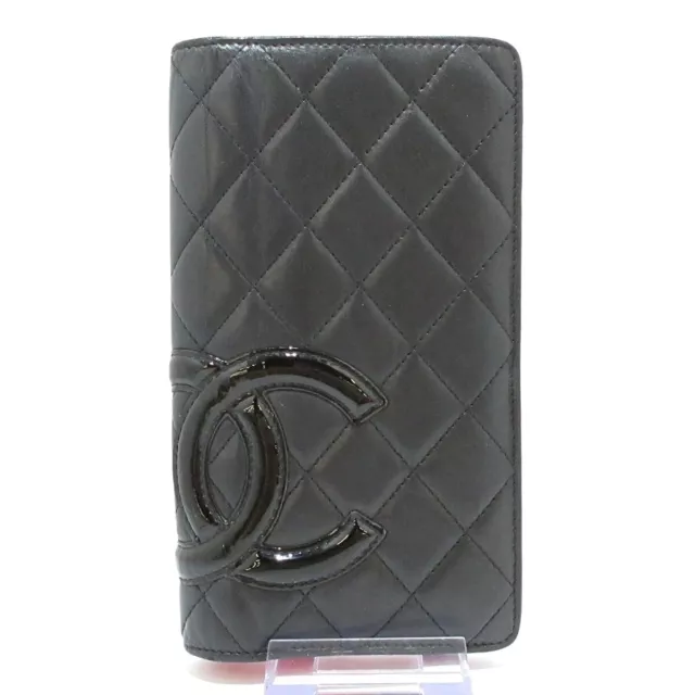 Auth CHANEL Cambon Line Lambskin Patent Leather Long Wallet