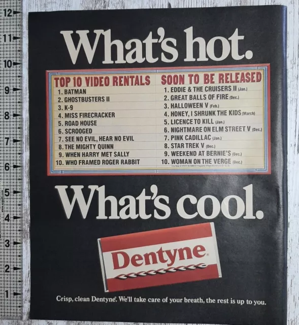 1989 Dentyne Gum Vintage Print Ad Hot Cool Movies Batman Roadhouse Roger Rabbit